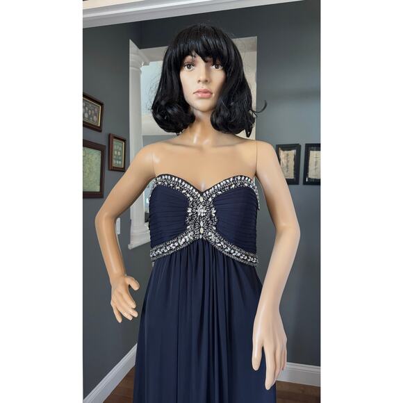 XSCAPE Navy Chiffon Jeweled Bodice Empire A-Line strapless Evening Gown 8 - Picture 7 of 16